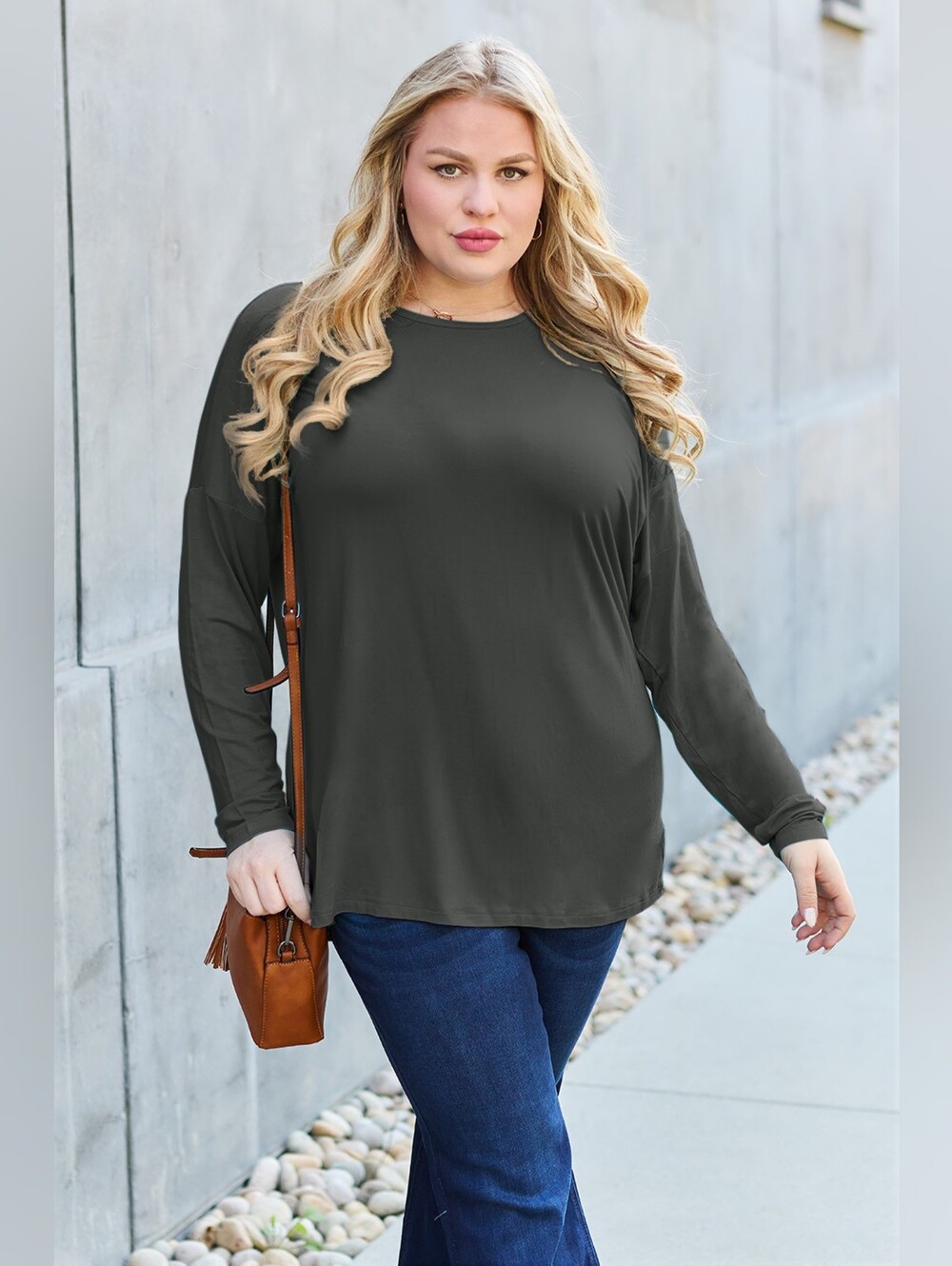 Women's Full Size/Plus Size Long Sleeve Crewneck Top - Charcoal